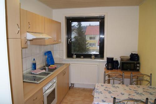 ブラウンラーゲにあるFerienwohnung Manjaのキッチン(シンク、テーブル付)、窓が備わります。