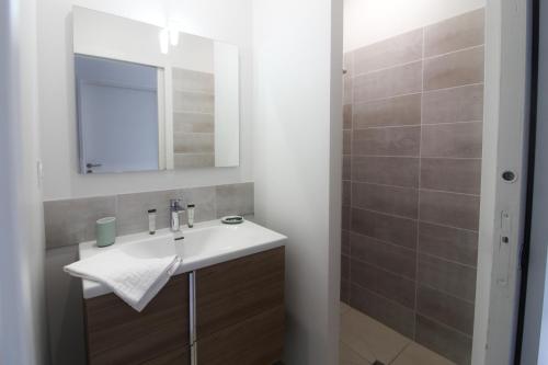 une salle de bain avec un lavabo et un miroir dans l'établissement Le Coquet climatisé avec balcon Terrasse et parking, à Sarlat-la-Canéda