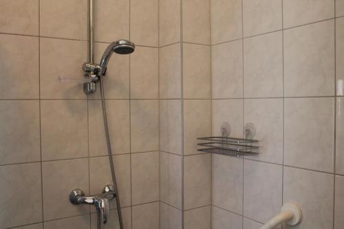 a shower with a shower head in a bathroom at Gasthof Sonnenterrasse - Self-Check-in in Litzelsdorf