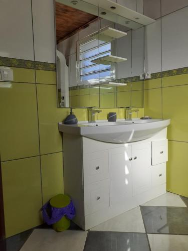 La salle de bains est pourvue d'un lavabo et d'un miroir. dans l'établissement La perle des montagnes, à Cilaos