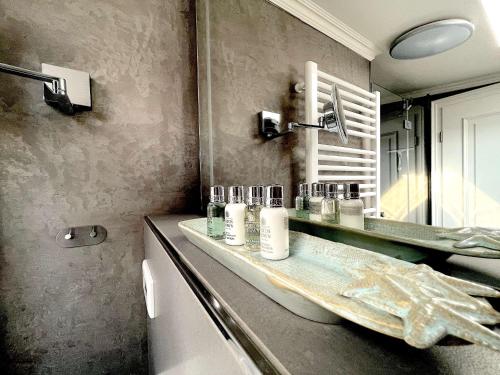 a bathroom with a sink and a mirror at Sylter Auberge im Haus Mateika in Westerland