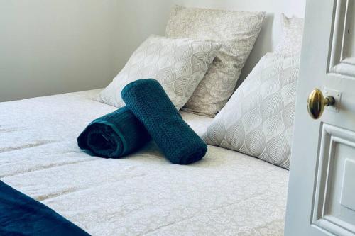 - une serviette verte montée assise sur un lit dans l'établissement Le Saint - Louis, proche Jacobin et les Lices, à Rennes