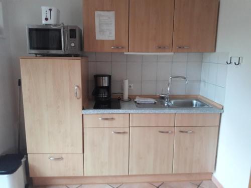 una pequeña cocina con fregadero y microondas en Landhaus-Marwede App 4 en Haffkrug