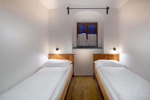 Duas camas num quarto com uma janela em Apartmány Český Šternberk em Cesky Sternberk