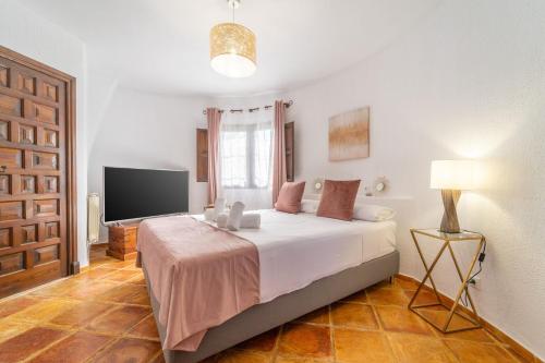 um quarto com uma cama grande e uma televisão de ecrã plano em Myflats Villa los Pinos em El Campello
