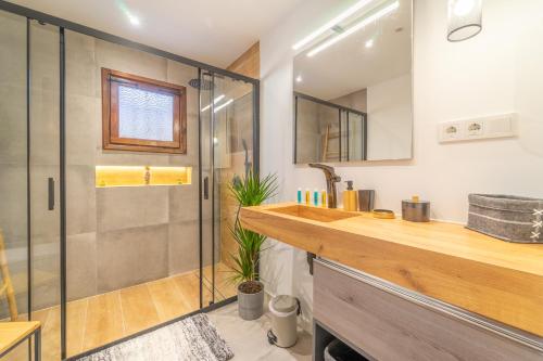 a bathroom with a shower and a sink and a counter at Myflats Villa los Pinos in El Campello