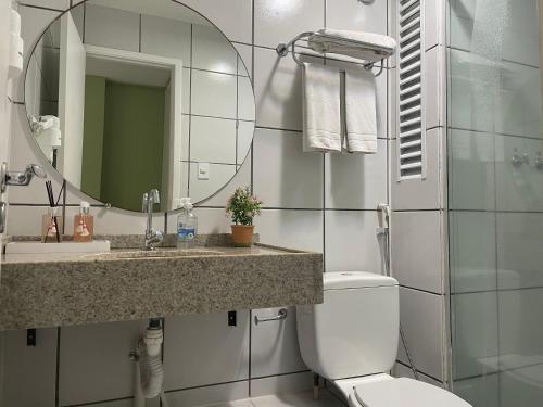 W łazience znajduje się toaleta, umywalka i lustro. w obiekcie Barreirinhas Lençois Flat w mieście Barreirinhas