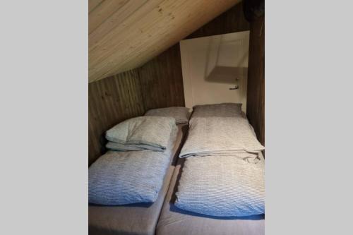 3 camas en una habitación con techo de madera en Garasjeleilighet med kort vei til flott natur, Måndalen, Rauma, en Sæbø