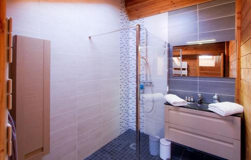 une salle de bain avec une douche avec un lavabo et un miroir dans l'établissement Odalys Chalet Le Panorama, à Les Deux Alpes