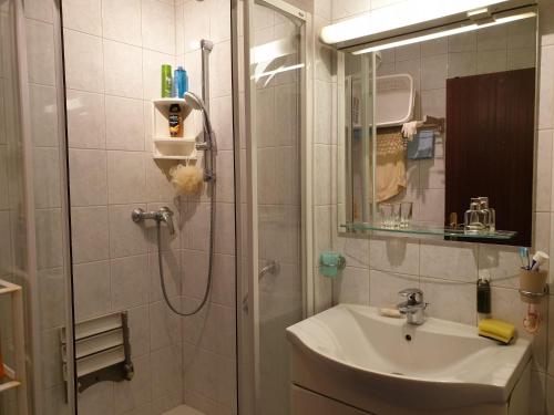 a bathroom with a shower and a sink at Nette-2-Schlafzimmer-Wohnung-in-Klagenfurt-am-Woerther-See in Klagenfurt