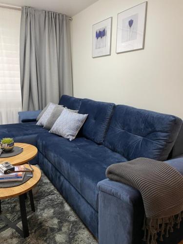 a blue couch in a living room with a table at Forest Studio in Druskininkai