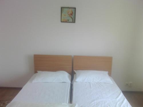 1 dormitorio con 2 camas y una foto en la pared en Casa Noastra, en Vama Veche