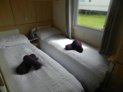two beds with stuffed animals on them in a room at Cwtch Caravans in Little Haven