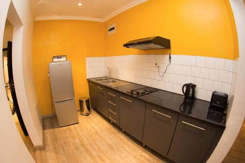 a kitchen with a refrigerator and a counter top at cairo apartment in Lusaka