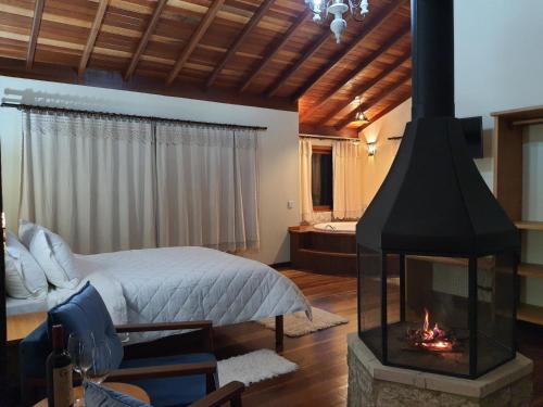 a bedroom with a bed and a fireplace in a room at Pousada Chalé Amoreira in Visconde De Maua