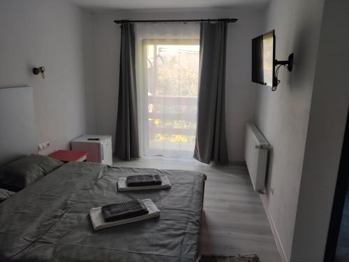 a bedroom with a bed with two plates on it at Pensiunea Teodora in Moisei