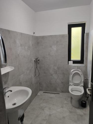 a bathroom with a sink and a toilet and a window at Pensiunea Teodora in Moisei