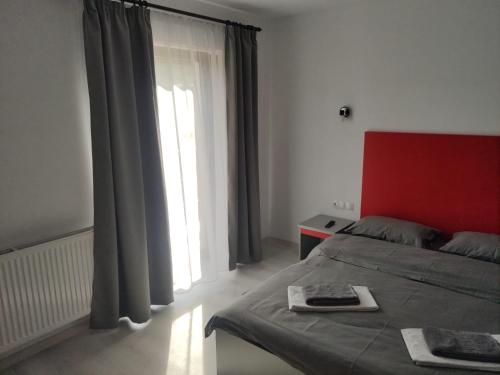 a bedroom with a bed with a red headboard and a window at Pensiunea Teodora in Moisei