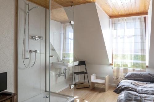 łazienka z prysznicem, umywalką i łóżkiem w obiekcie Hôtel du Cheval-Blanc w mieście La Chaux-de-Fonds