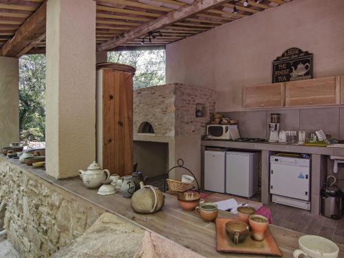 uma cozinha com um balcão com vários itens em Les Maisons De Chante Oiseau em Sigonce