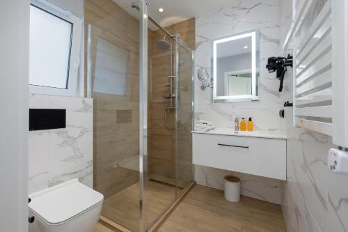 a bathroom with a shower and a toilet and a sink at Domki Villa Hoff Resort in Trzęsacz