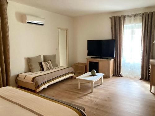 a living room with a bed and a tv at Hotel la Caravelle in Bonifacio