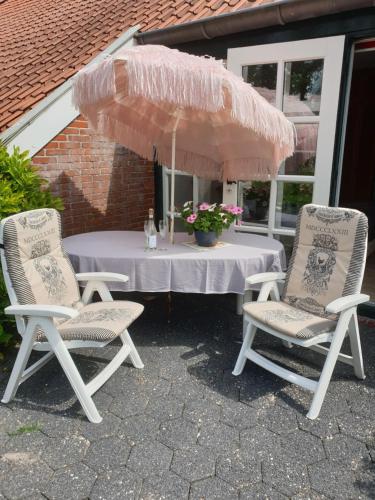 two chairs and a table with a pink umbrella at Westert Hoeve in Vriescheloo