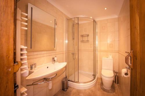 une salle de bain avec douche, lavabo et toilettes dans l'établissement Riverbank Cottage - idyllic riverside country cottage on South Downs, à Alfriston