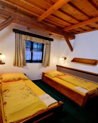 two twin beds in a room with a window at Penzion U Sovy in Dolný Kubín