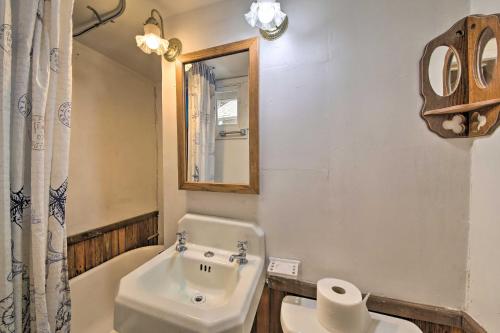 a bathroom with a sink and a toilet and a mirror at Cozy Cottage on Cat Cove with Wraparound Deck! in Stonington