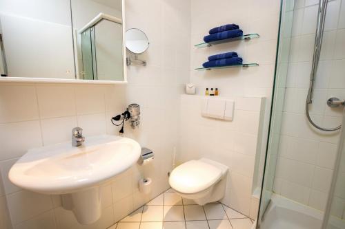a bathroom with a sink and a toilet and a shower at ancora Marina Haus 2 Nr 06, Typ 2 in Neustadt in Holstein