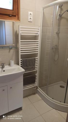 a bathroom with a shower and a sink at Vértestolna Vendégház in Vértestolna