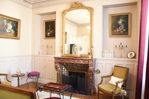 uma sala de estar com lareira e espelho em Champagne Philippe Martin em CumiÃ¨res