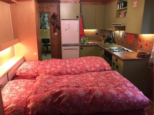 a small kitchen with a red bed in a room at Ferienwohnung im Chalet Boubou in Wiler