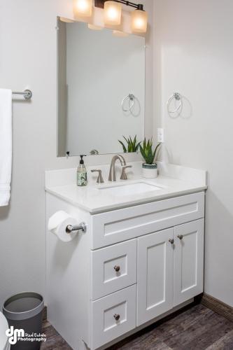 a bathroom with a white sink and a mirror at Susitna Suites in Wasilla
