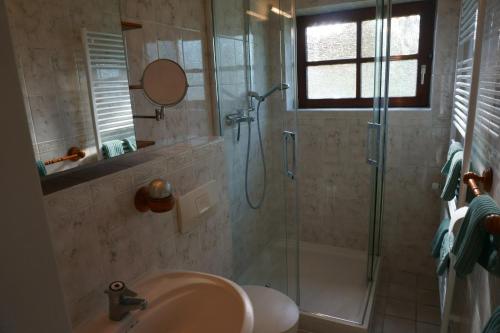 a bathroom with a shower and a sink and a shower at Carpe Diem III 1323 in Landkirchen