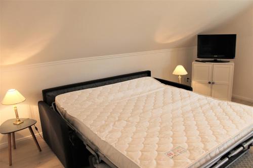 a large bed in a room with a tv at Haus Barbara - Schwimmbad und Sauna im Haus -Whg 4 in Grömitz