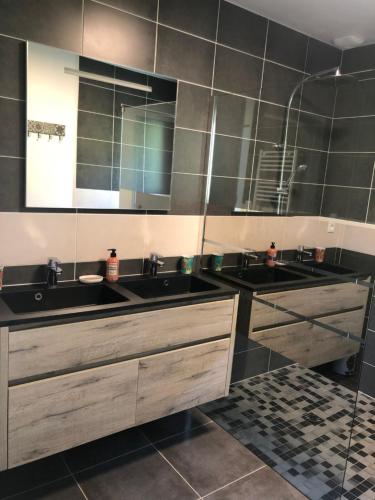 een badkamer met 2 wastafels en een grote spiegel bij Pavillon récent avec 3 chambres in La Brionne