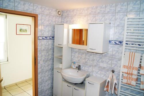 ブラウンラーゲにあるFerienwohnung Nitzschkeの青いタイル張りのバスルーム(シンク、鏡付)