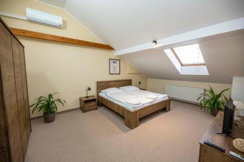 a attic bedroom with a bed and a skylight at Penzion Královské lázně in Poděbrady