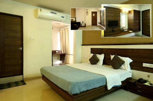 a bedroom with a bed and a room with a television at Hotel New Apex in Ankleshwar