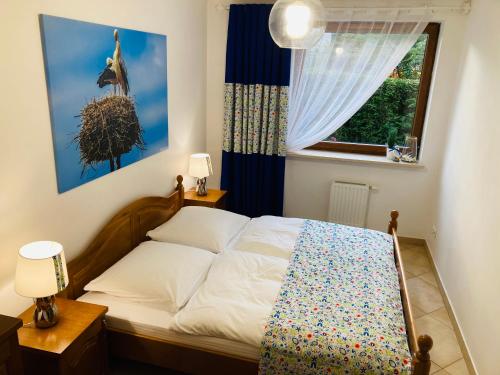 um quarto com uma cama e uma janela em Apartament Gęsie Piórko em Jastrzebia Gora