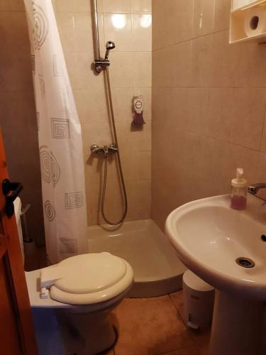 a bathroom with a toilet and a shower and a sink at John' s House in Omodos in Limassol