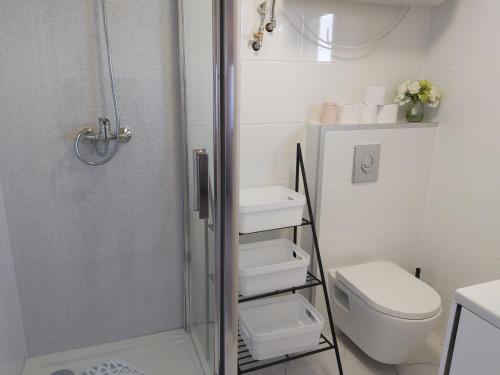 a white bathroom with a shower and a toilet at Sunny Baltic in Jarosławiec