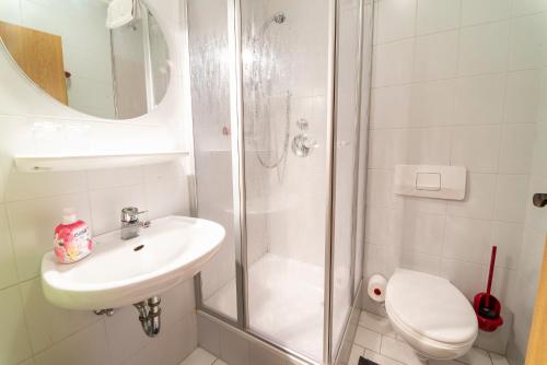 bagno con doccia, lavandino e servizi igienici di Gästezimmer 2 im Landgasthaus Lindenhof a Fresenburg