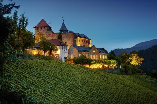 a castle on top of a hill at night at Schloss Eberstein in Gernsbach