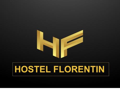 a gold logo with the words hospital flooritution at Hostel Florentin camere băi comune acces bucatarie Cheap rooms Smart TV Netflix Constanta kitchen and laundry machine acces fast wifi in Constanţa