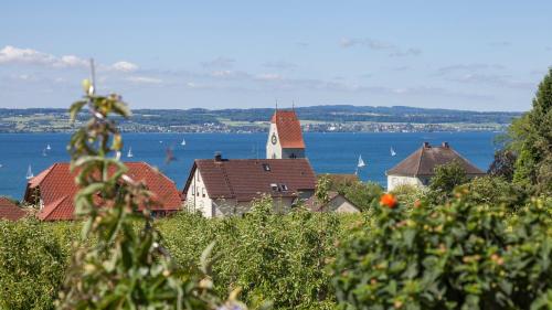 a view of a town with a church and the water at Sonnenhof Hagnau in Hagnau