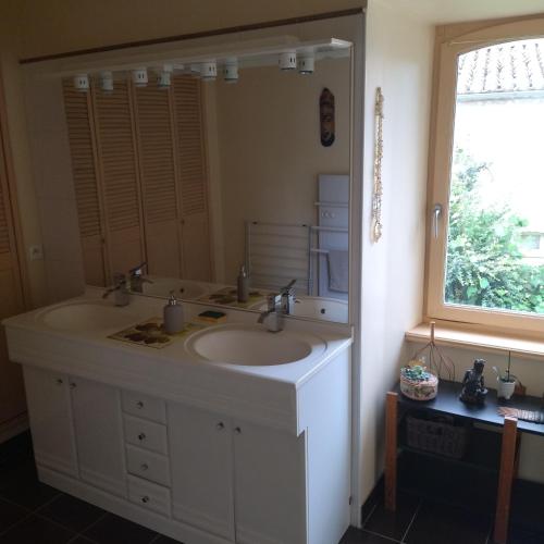 a bathroom with a sink and a large mirror at Domaine de Séguéla in Fargues
