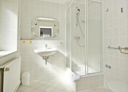 een badkamer met een douche, een wastafel en een toilet bij Ferienanlage Zempin Haus Achterwasser in Zempin